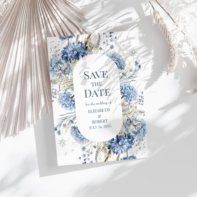 Dusty Blue Hydrangea Wildflower Save the Date Card (French Blue Garden Wildflowers Save The Dates Invitation on a sunny table with dry botanical.)