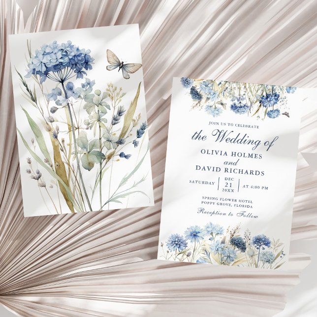 Dusty Blue Hydrangea Wildflower Wedding Invitation (Boho French Blue Wildflower Meadow Wedding Invite on a sunny dry palm leaf.)