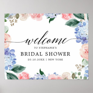 Dusty blue hydrangeas pastel pink Bridal shower Poster