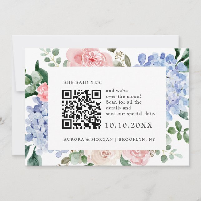 Dusty blue hydrangeas pastel pink Photo QR code    Save The Date (Front)