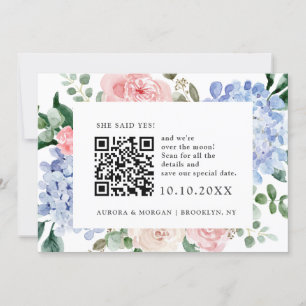 Dusty blue hydrangeas pastel pink Photo QR code    Save The Date