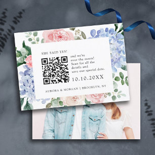 Dusty blue hydrangeas pastel pink Photo QR code Save The Date