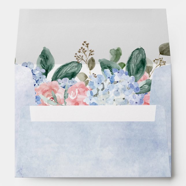 Dusty blue hydrangeas pastel pink roses wedding envelope (Back (Bottom))