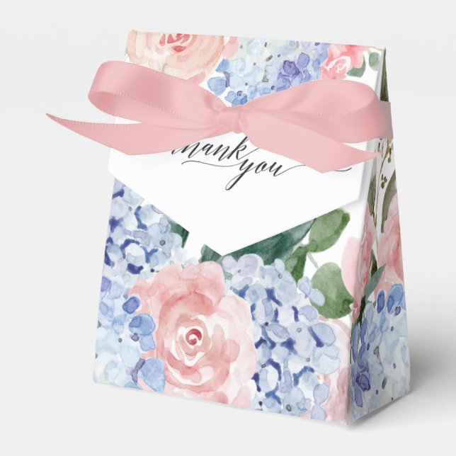 Dusty blue hydrangeas pastel pink roses wedding favour box (Front Side)