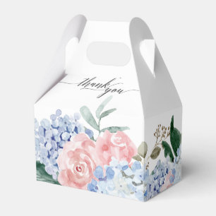 Dusty blue hydrangeas pastel pink roses wedding favour box