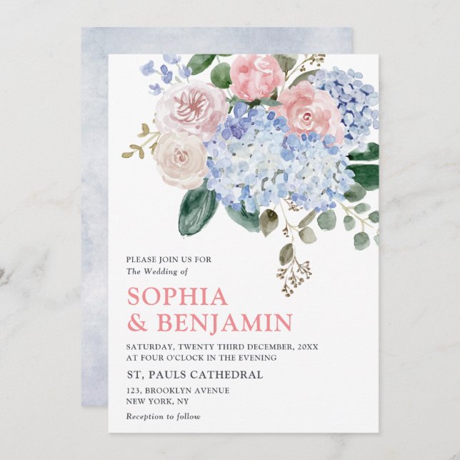 Dusty blue hydrangeas pastel pink roses wedding invitation (Front/Back)