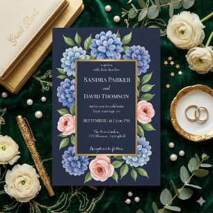 Dusty blue hydrangeas pastel pink roses wedding  invitation