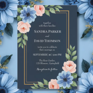 Dusty blue hydrangeas pastel pink roses wedding  invitation