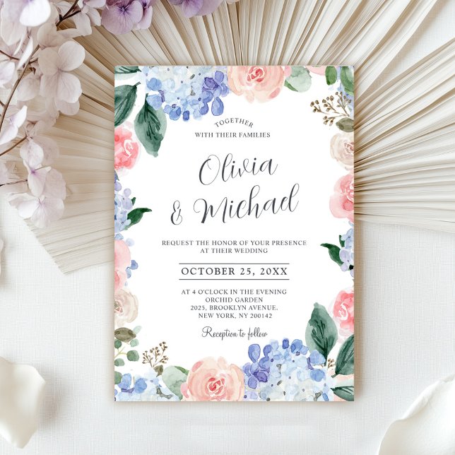 Dusty blue hydrangeas pastel pink roses wedding invitation (Dusty blue hydrangeas pastel pink roses wedding invitation)