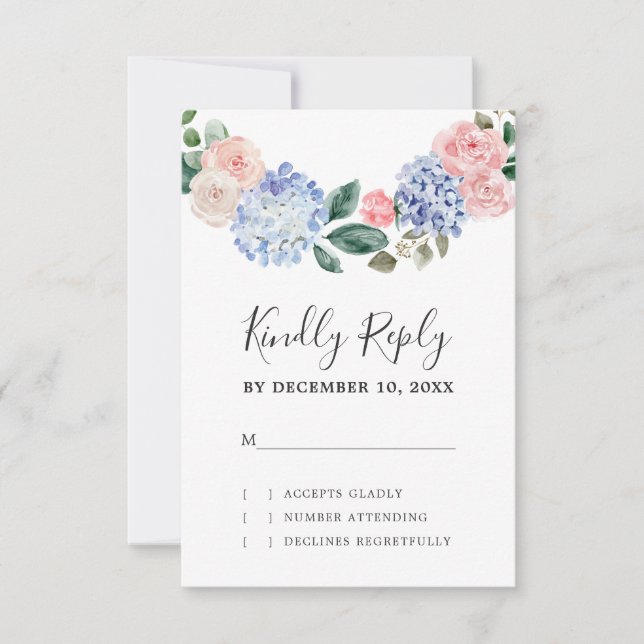 Dusty blue hydrangeas pastel pink roses wedding RSVP card (Front)