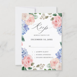 Dusty blue hydrangeas pastel pink roses wedding RSVP card