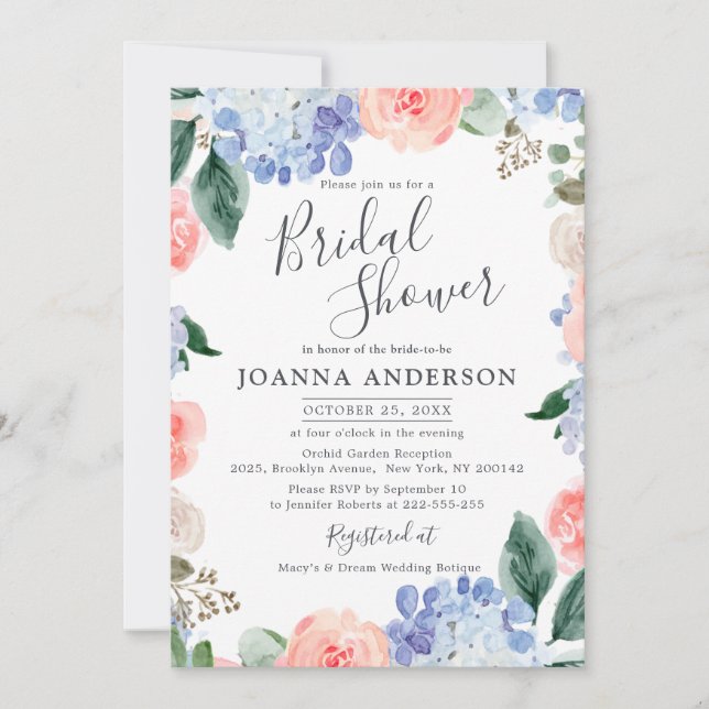 Dusty blue hydrangeas pink roses Bridal Shower Inv Invitation (Front)