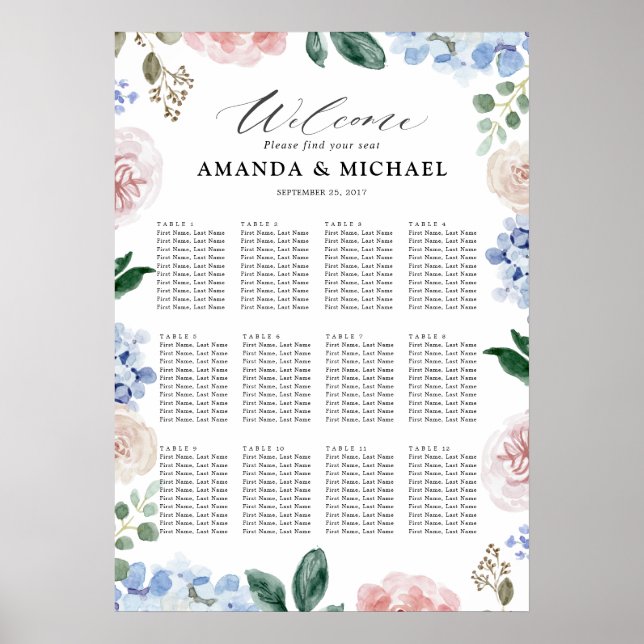 Dusty Blue hydrangeas Wedding  Seating Chart (Front)