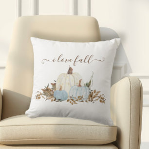 Dusty Blue I Love Fall White Pumpkins Country Cushion
