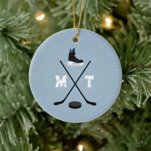 Dusty Blue Ice Hockey Classic Distressed Monogram Ceramic Ornament
