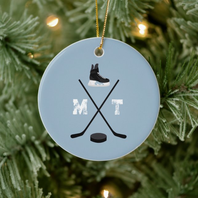 Dusty Blue Ice Hockey Classic Distressed Monogram Ceramic Ornament (Tree)