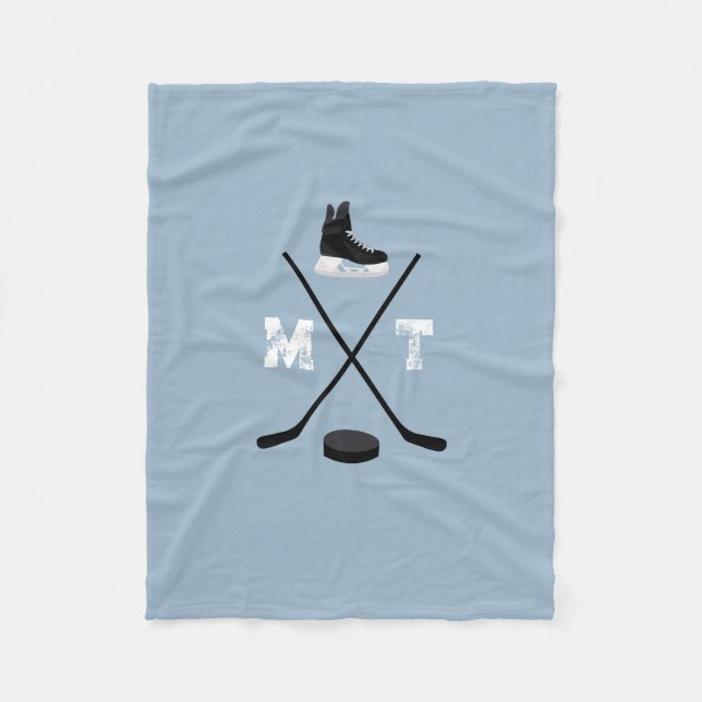 Dusty Blue Ice Hockey Classic Distressed Monogram Fleece Blanket (Front)