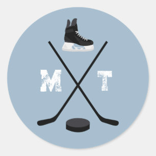 Dusty Blue Ice Hockey Classic Distressed Monogram Round Sticker