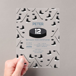 Dusty Blue Ice Hockey Stick, Skates Puck Birthday Acrylic Invitations