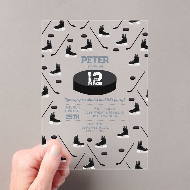 Dusty Blue Ice Hockey Stick, Skates Puck Birthday Acrylic Invitations (Insitu (Handheld))