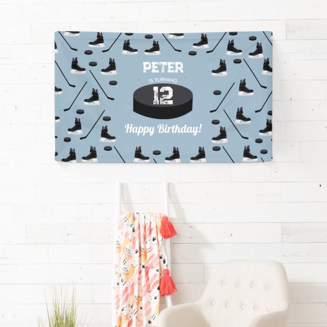 Dusty Blue Ice Hockey Stick, Skates Puck Birthday Banner (Insitu)