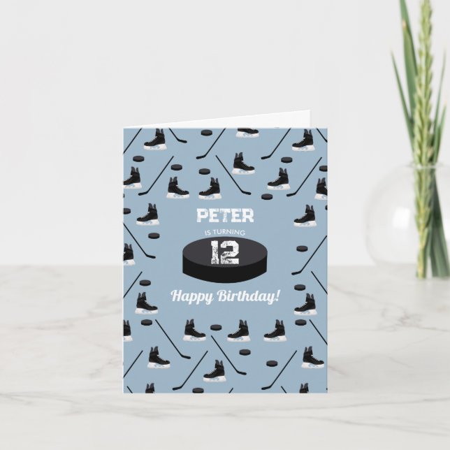 Dusty Blue Ice Hockey Stick, Skates Puck Birthday Card (Front)