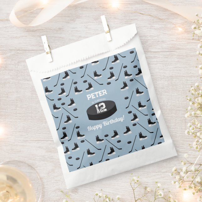 Dusty Blue Ice Hockey Stick, Skates Puck Birthday Favour Bag (Clipped)