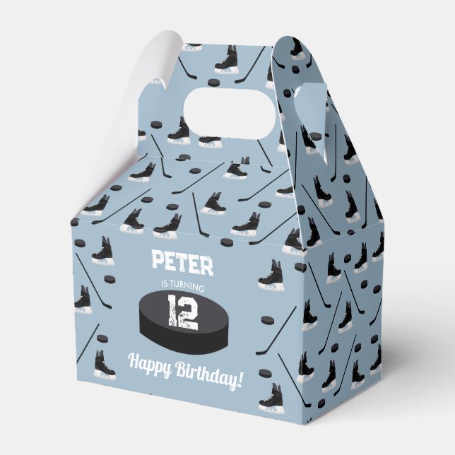Dusty Blue Ice Hockey Stick, Skates Puck Birthday Favour Box (Front Side)