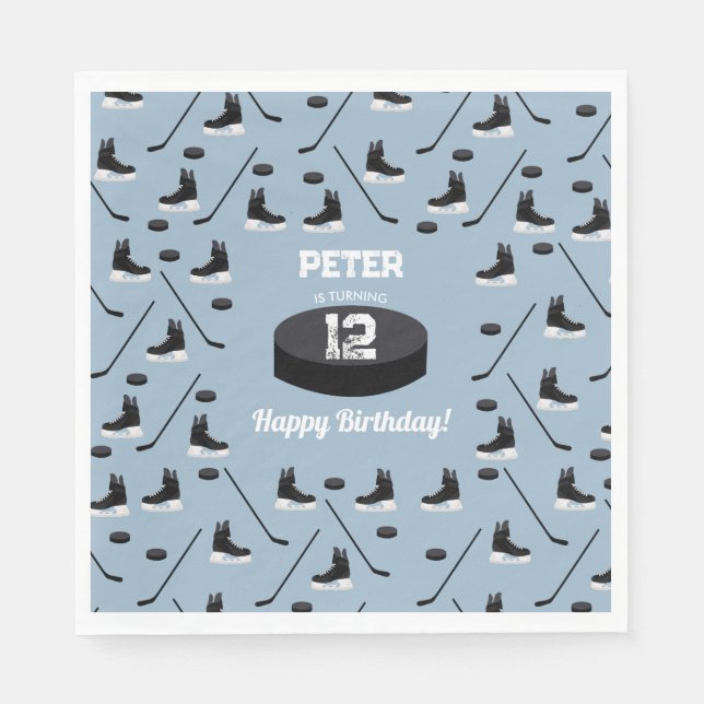 Dusty Blue Ice Hockey Stick, Skates Puck Birthday Napkin (Front)
