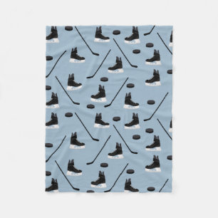 Dusty Blue Ice Hockey Stick, Skates & Puck Pattern Fleece Blanket