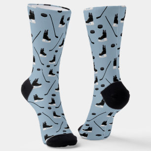 Dusty Blue Ice Hockey Stick, Skates & Puck Pattern Socks