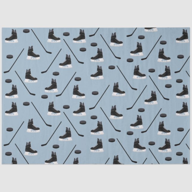 Dusty Blue Ice Hockey Stick, Skates & Puck Pattern Tissue Paper (Front)