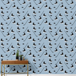 Dusty Blue Ice Hockey Stick, Skates & Puck Pattern Wallpaper