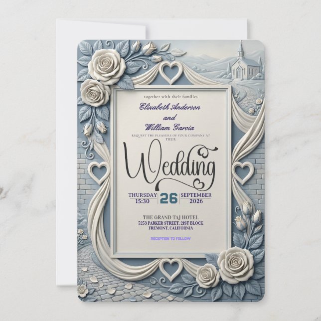 Dusty Blue Indigo Romantic Church Wedding Invitation (Front)