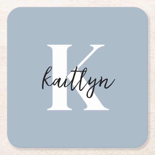 Dusty Blue Initial Name Monogram Square Paper Coaster (Front)