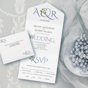 Dusty blue initials and ampersand, rose wedding all in one invitation