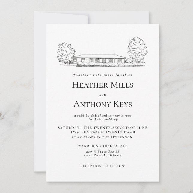 Dusty Blue  Invitation with Sketch of the Venue (Front)