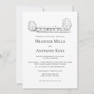 Dusty Blue Invitation with Sketch of the Venue