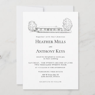 Dusty Blue  Invitation with Sketch of the Venue