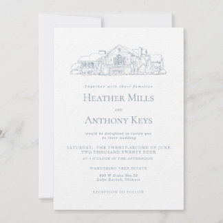 Dusty Blue  Invitation with Sketch of the Venue