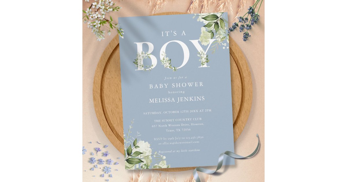 Dusty Blue Its A Boy Greenery Letter Baby Shower Invitation | Zazzle