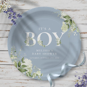 Dusty Blue Its A Boy Greenery Letter Baby Shower Paper Plate