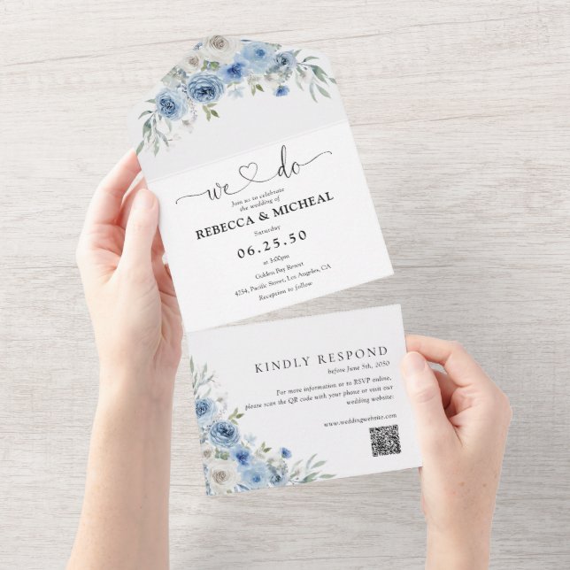 Dusty Blue Ivory All in One Wedding Invite (Tearaway)