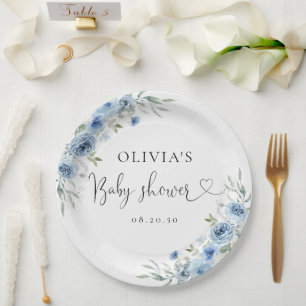 Dusty Blue Ivory Baby Shower Paper Plate