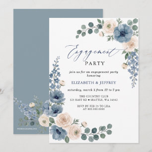 Dusty Blue Ivory Blush Floral Engagement Party Invitation