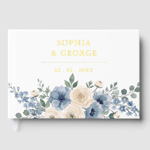 Dusty Blue Ivory Blush Floral Modern Wedding Guest Book