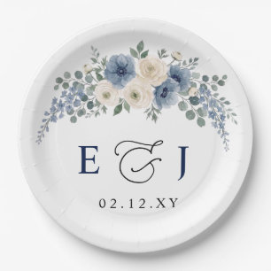 Dusty Blue Ivory Blush Floral Modern Wedding Paper Plate