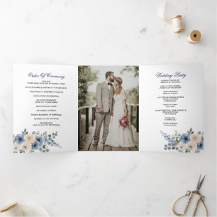 Dusty Blue Ivory Blush Floral Modern Wedding Tri-Fold Programme