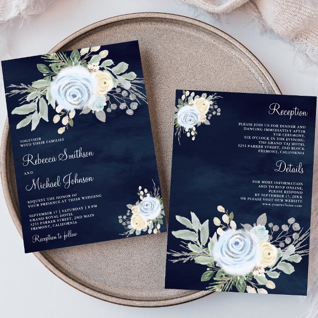 Dusty Blue Ivory Floral All in One Navy Wedding Invitation (Creator Uploaded)
