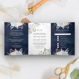 Dusty Blue Ivory Floral All in One Navy Wedding Tri-Fold Invitation